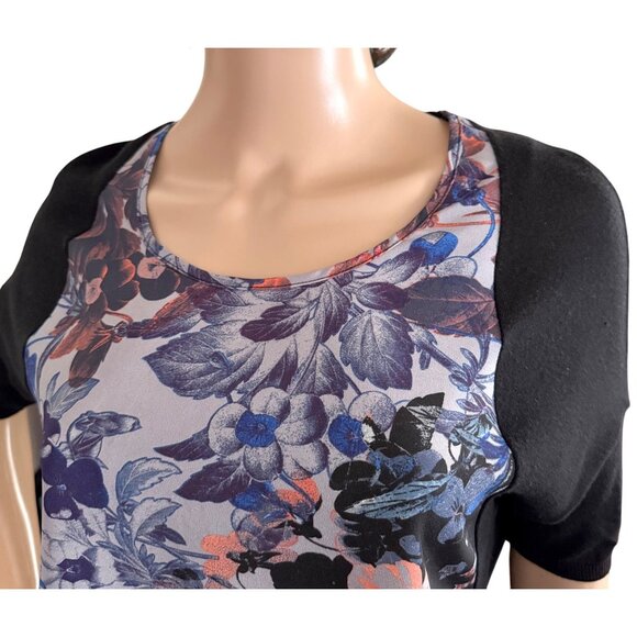 Anthropologie Meadow Rue Top Size Small Floral Knit Mixed Media Black Blue Coral - Picture 6 of 13